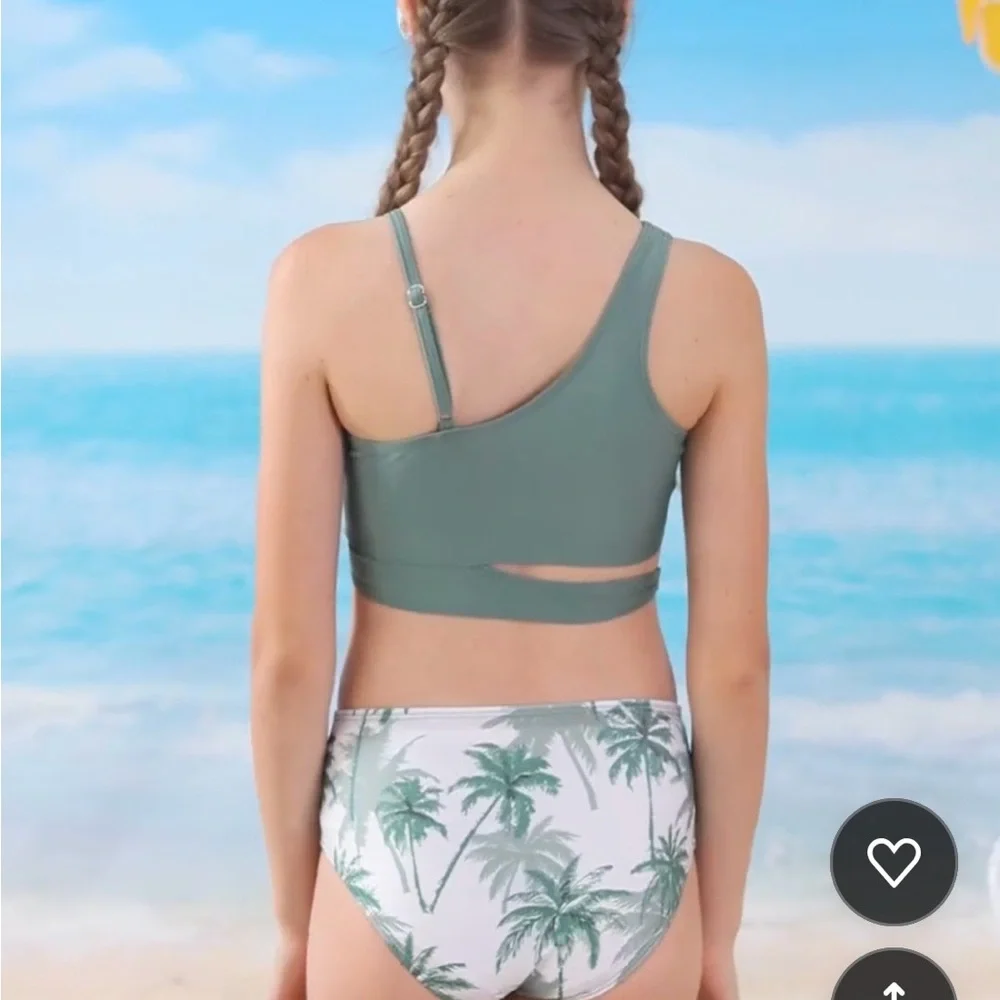Girls Olive Green Three-Piece Bikini Set with Palm Print Wrap Size 10-12 Years - Picture 3 of 5